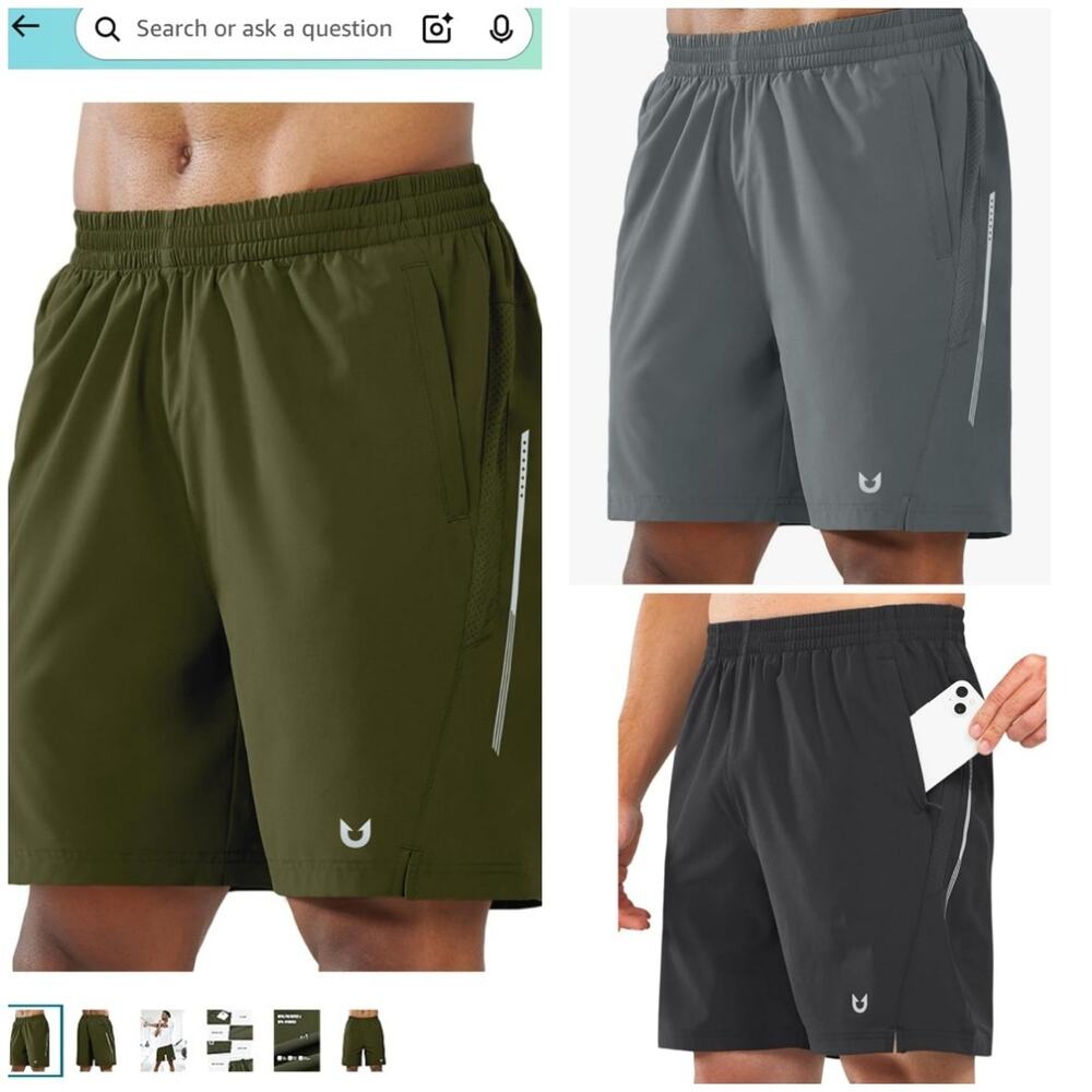 3 NORTHYARD Men's 7" Running Shorts Zipper Pockets Size Large Gray Blk Green